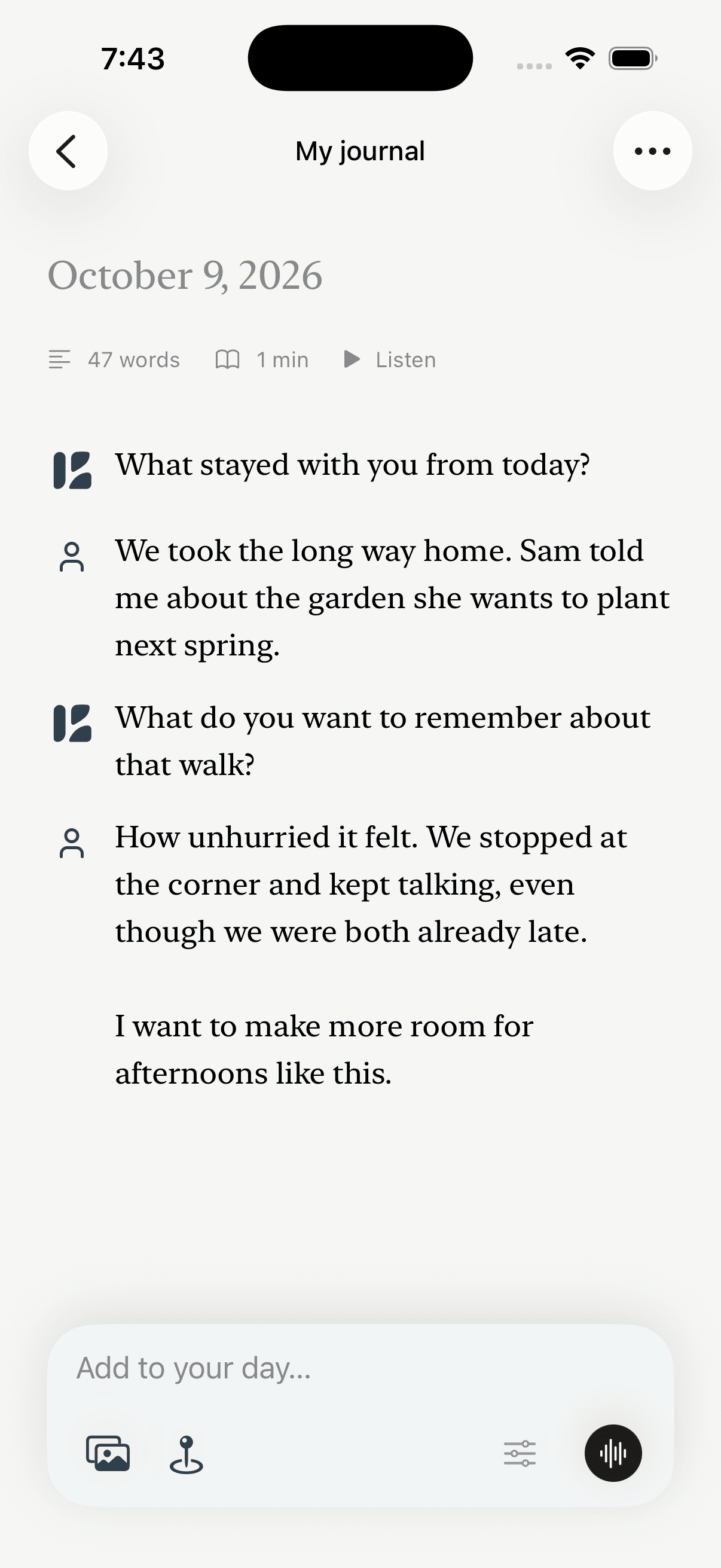Kwilt Journal conversation showing follow-up questions and a sample memory of an unhurried walk