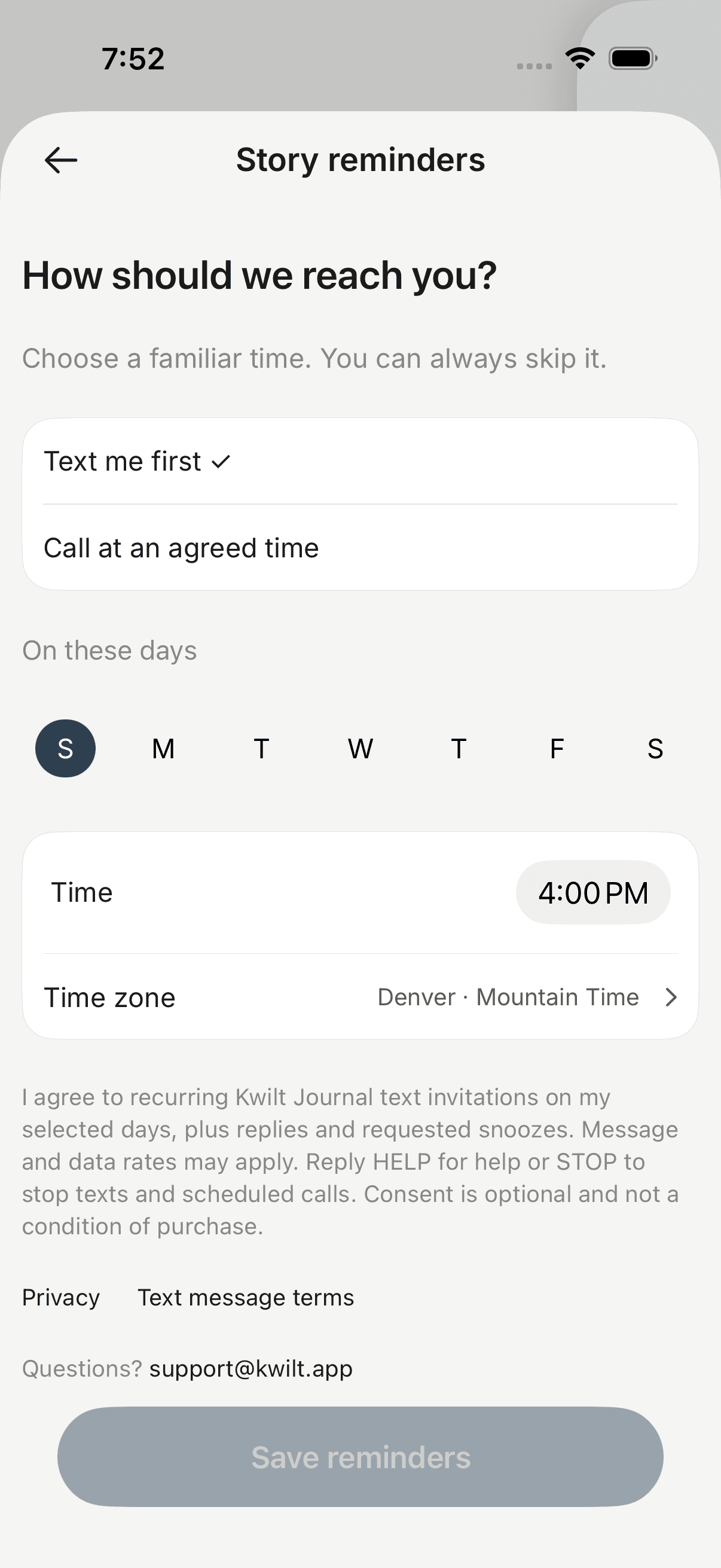 Reminder setup with selected days, time, frequency disclosure, STOP and HELP instructions and privacy and terms links