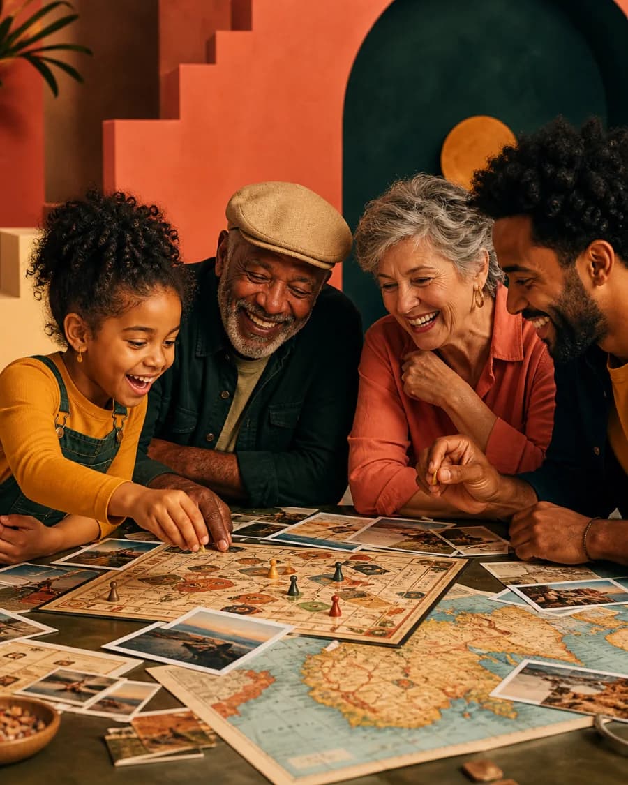 Several generations gathered around a tabletop game