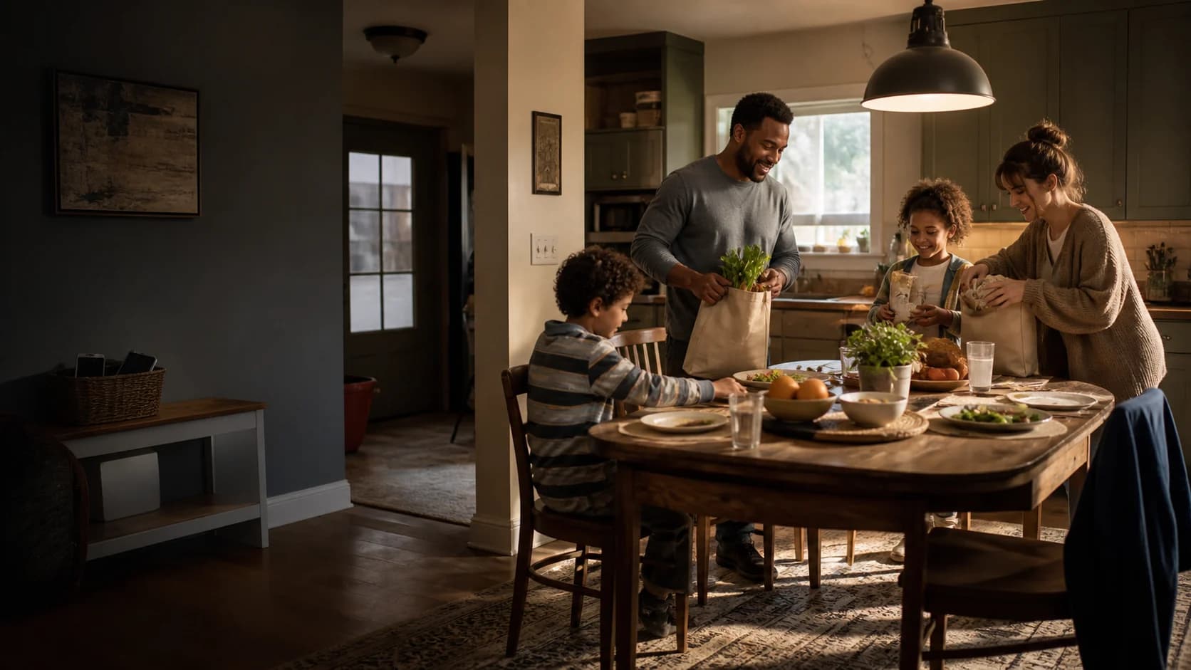 A household preparing a meal together around the kitchen table