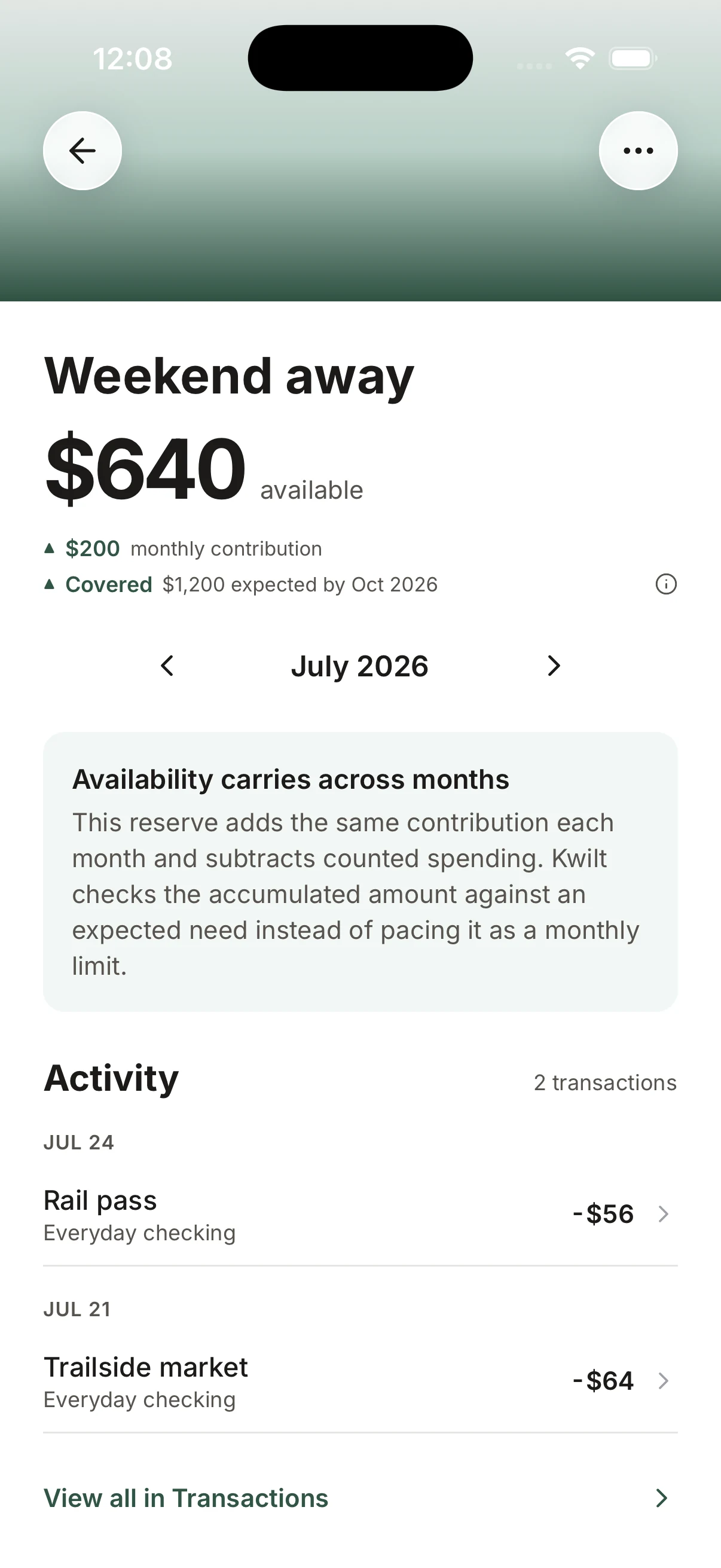Kwilt Money showing a Weekend away reserve with the expected need covered